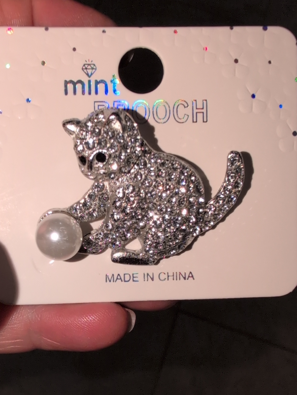 Playful Silver Crystal Kitten Brooch with Pearl Ball Of Yarn By Mint